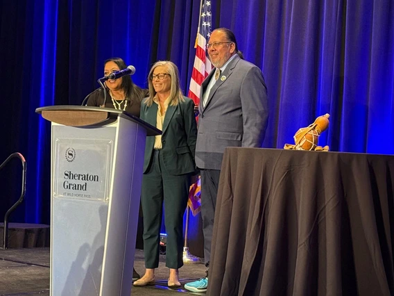 (L to R) GRIC Lt. Governor Regina Antone, AZ Governor Katie Hobbs, and GRIC Governor Stephen Roe Lewis. Image: Sharon B. Megdal