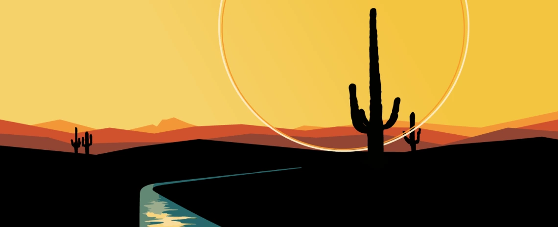 A graphic depicting a Saguaro cactus against a yellow background with a river flowing nearby A graphic depicting a Saguaro cactus against a yellow background with a river flowing nearby