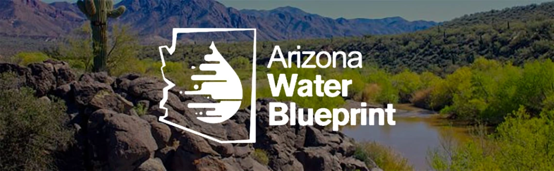 Arizona Water Blueprint Logo. A water drop surrounded by a silhouette of the state of Arizona Arizona Water Blueprint Logo. A water drop surrounded by a silhouette of the state of Arizona