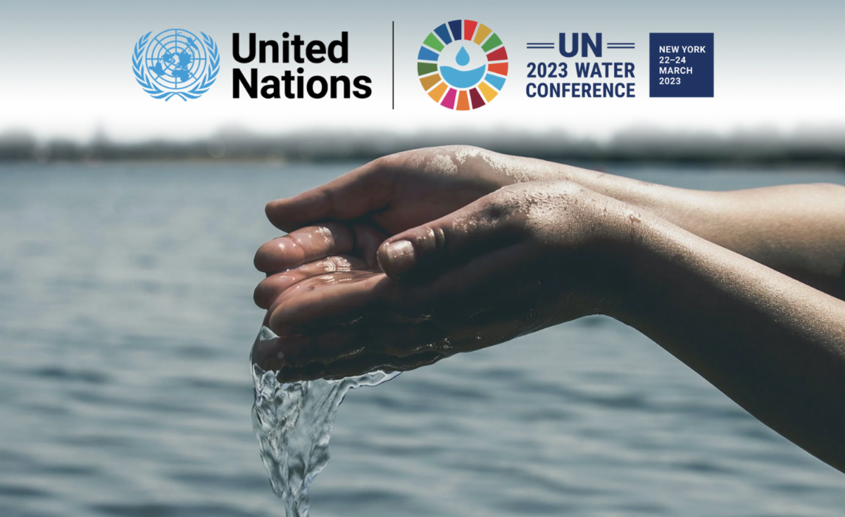 un logo and un water conference logo over a picture of hands holding water