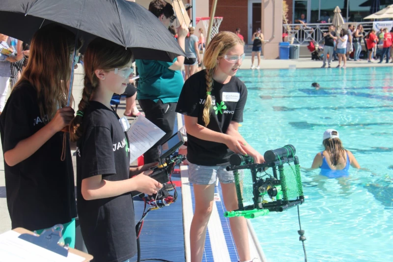 students by pool with robots students by pool with robots