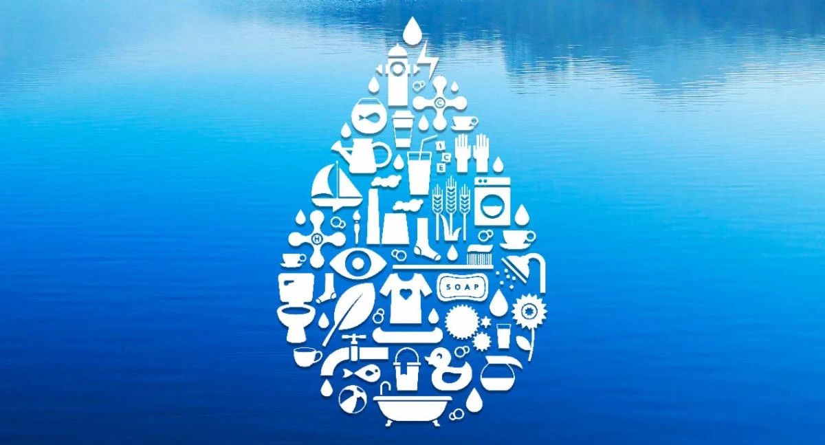 graphic of water droplet comprised of symbols of daily activities graphic of water droplet comprised of symbols of daily activities
