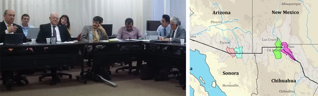 8 people sitting at a table; a map of the Arizona-New Mexico-Mexico border 8 people sitting at a table; a map of the Arizona-New Mexico-Mexico border