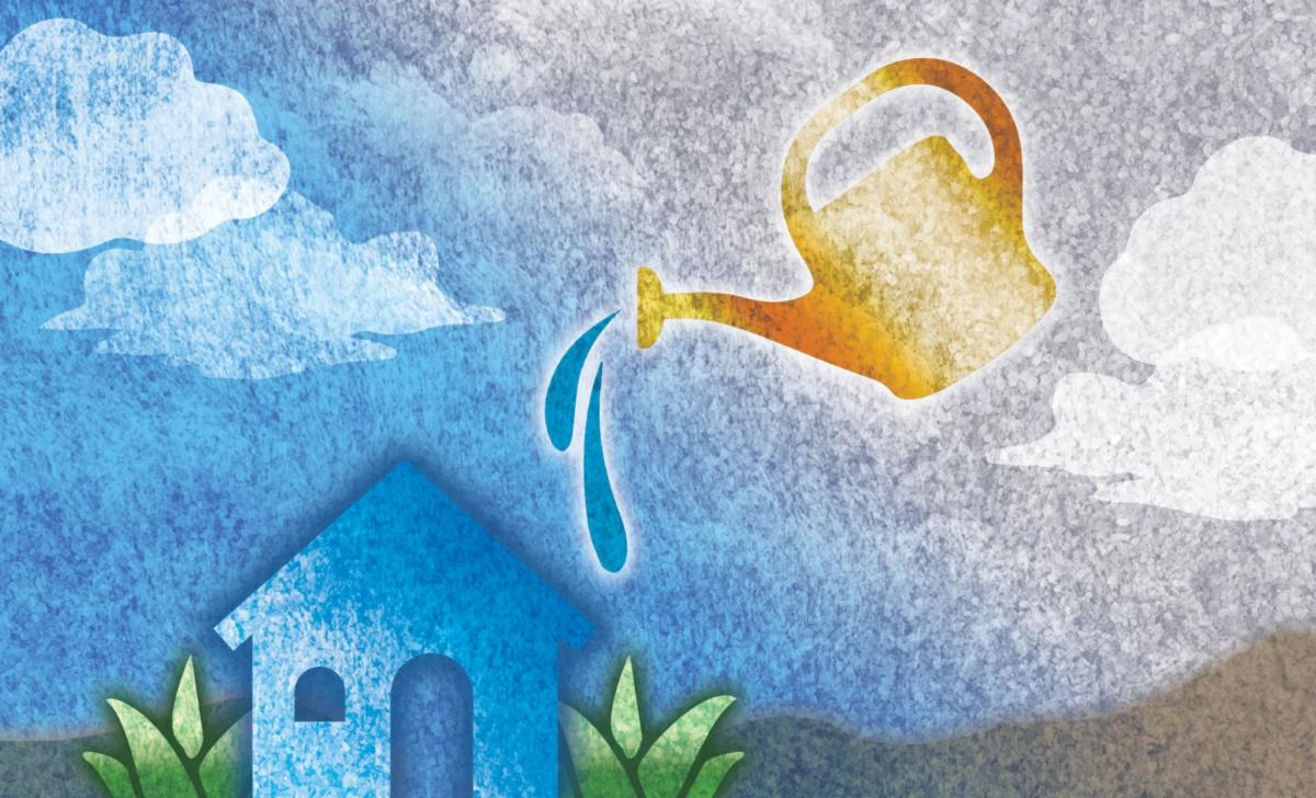 A graphic of a watering can sprinkling water onto a small blue house A graphic of a watering can sprinkling water onto a small blue house